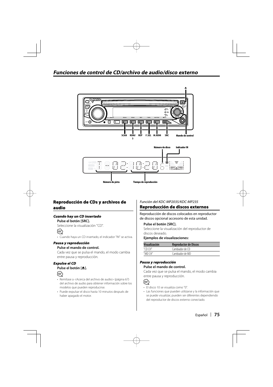 Reproducción de cds y archivos de audio, Reproducción de discos externos | Kenwood KDC-MP205 User Manual | Page 75 / 96