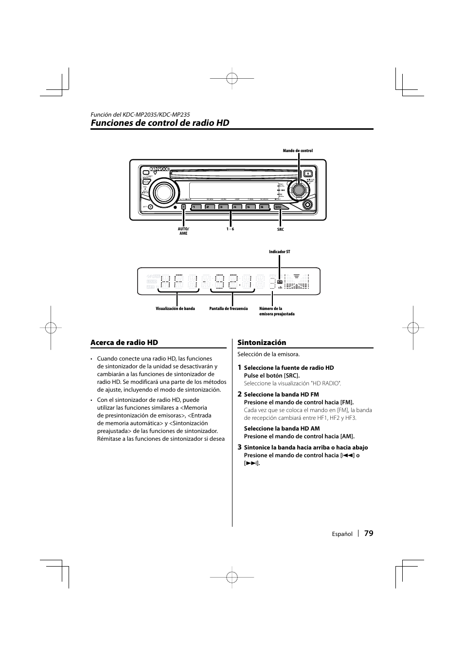 Funciones de control de radio hd, Acerca de radio hd, Sintonización | Kenwood KDC-MP205 User Manual | Page 79 / 96