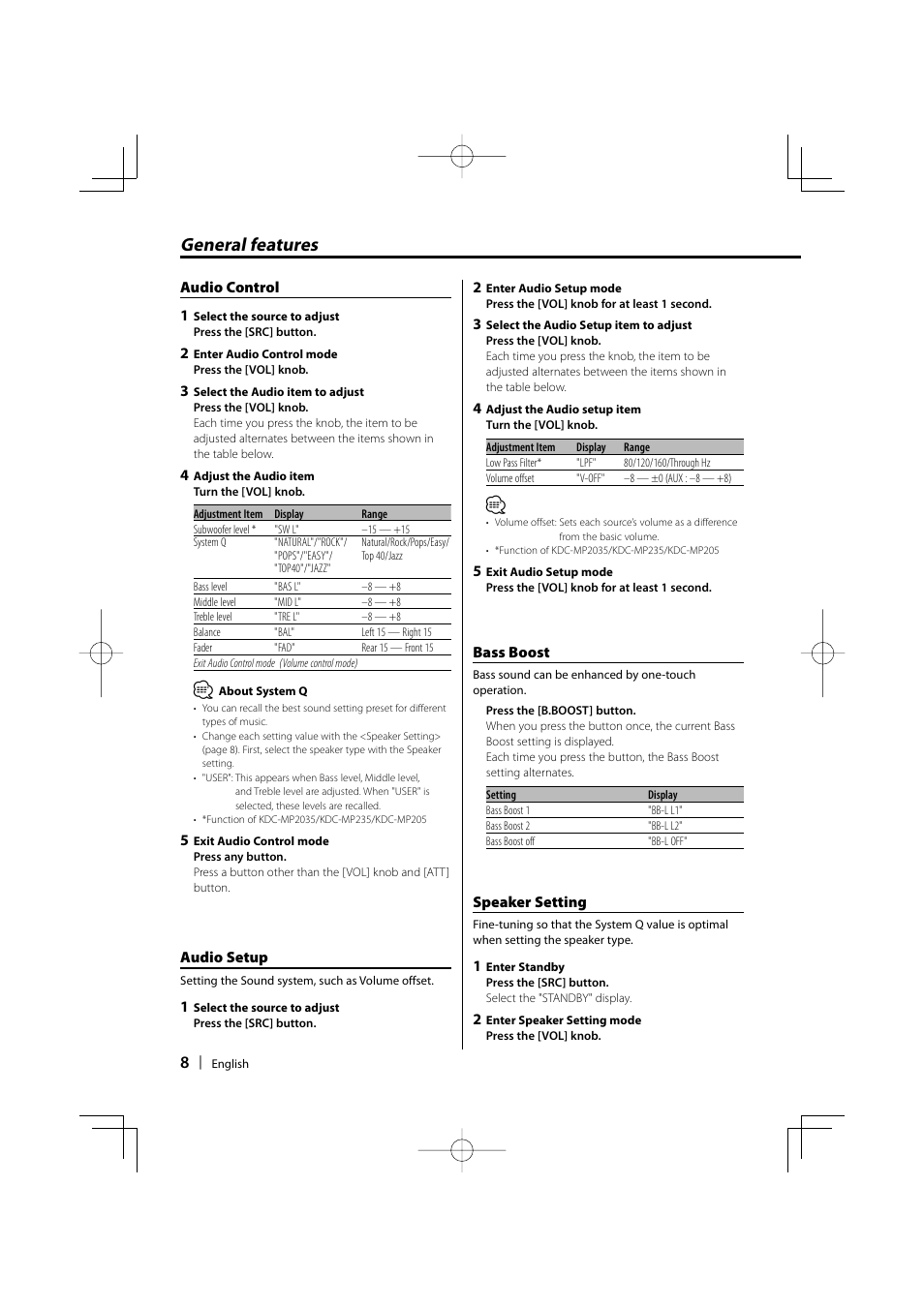 General features | Kenwood KDC-MP205 User Manual | Page 8 / 96