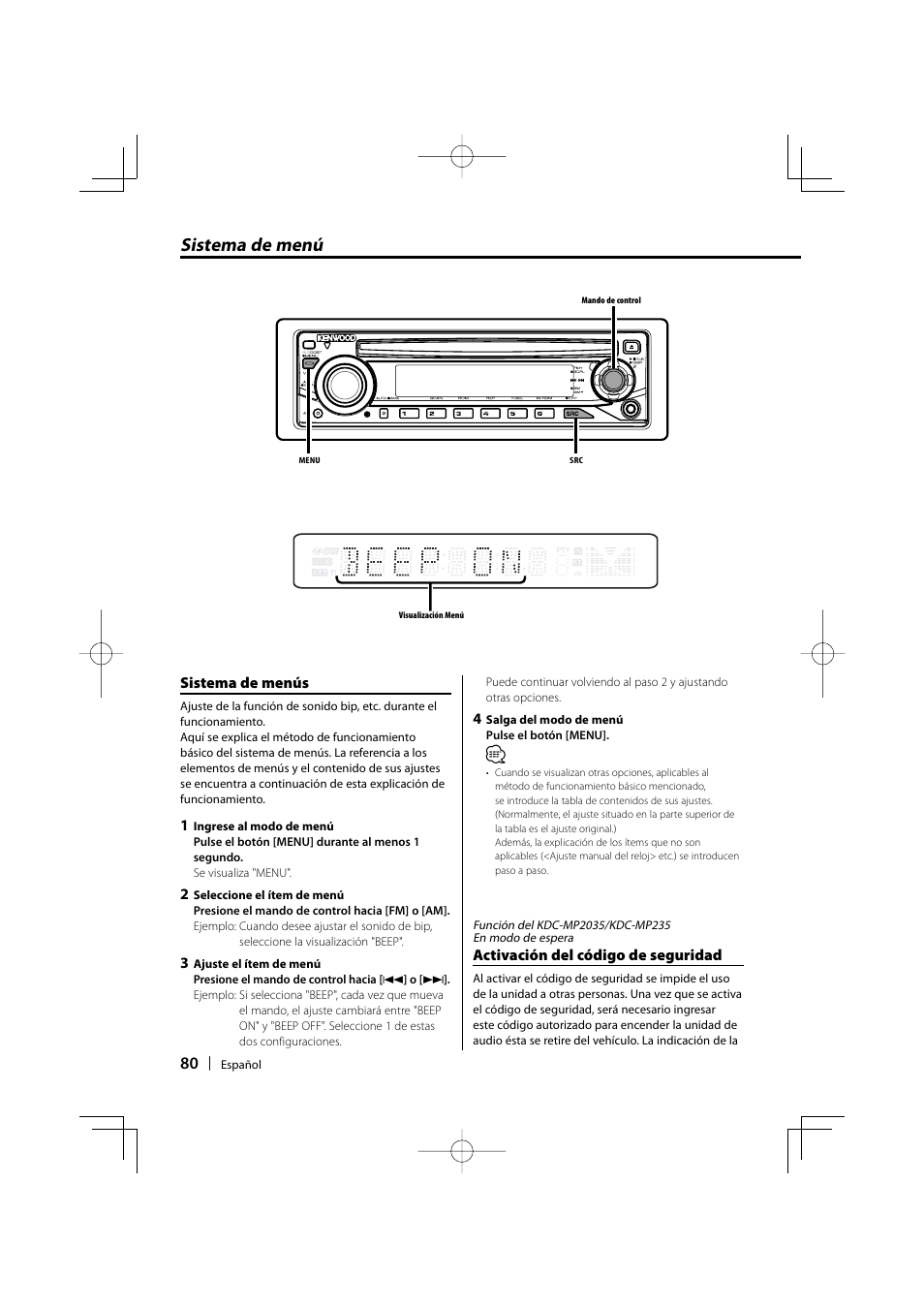 Sistema de menú | Kenwood KDC-MP205 User Manual | Page 80 / 96