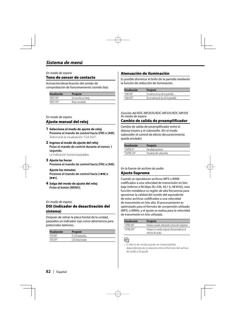 Sistema de menú | Kenwood KDC-MP205 User Manual | Page 82 / 96