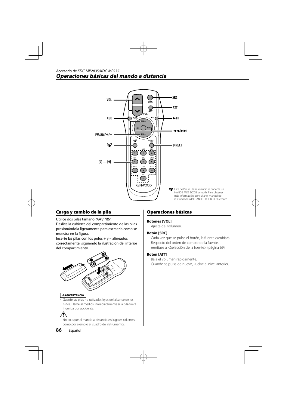 Operaciones básicas del mando a distancia, Carga y cambio de la pila, Operaciones básicas | Kenwood KDC-MP205 User Manual | Page 86 / 96