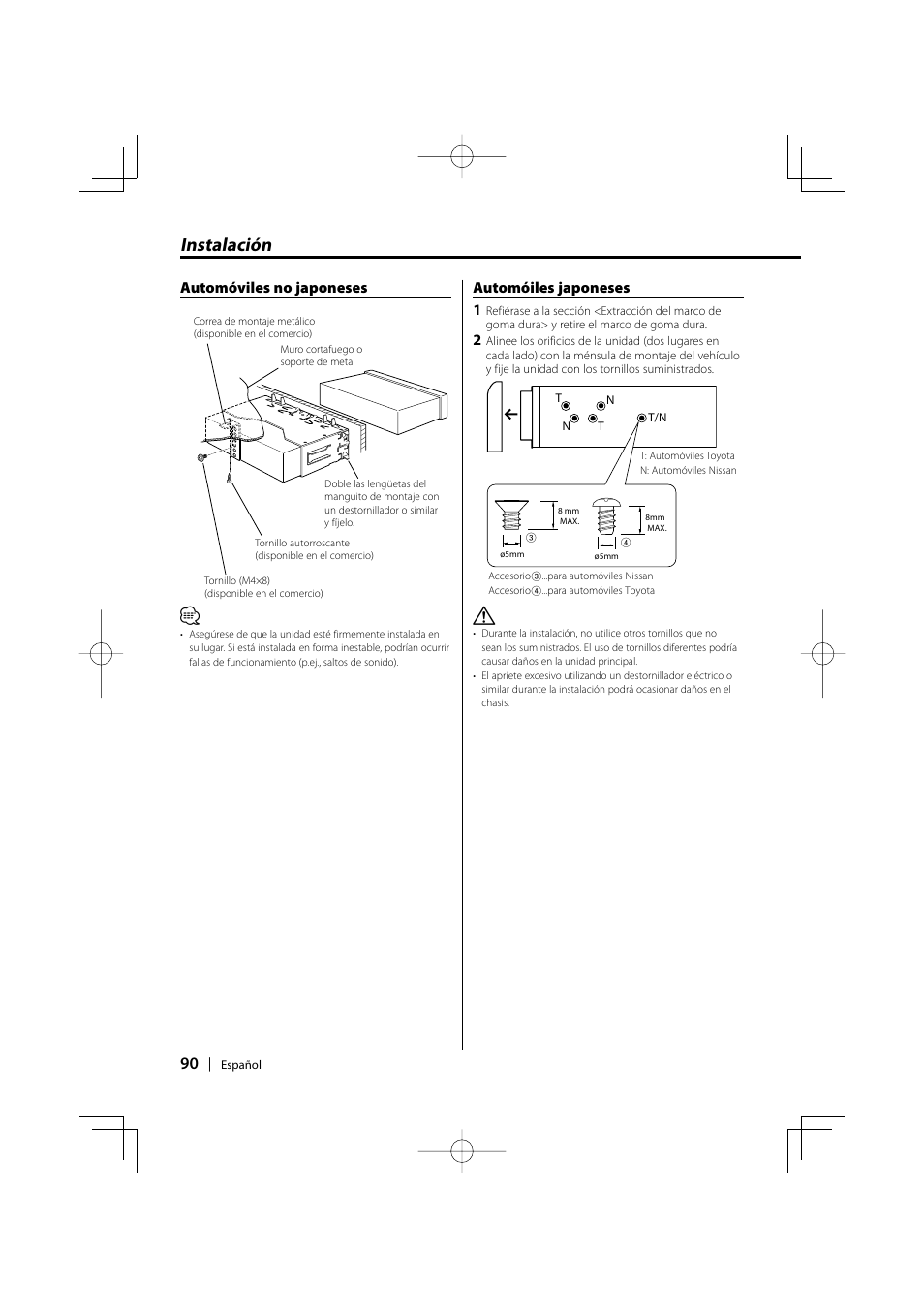 Instalación, Automóviles no japoneses, Automóiles japoneses 1 | Kenwood KDC-MP205 User Manual | Page 90 / 96