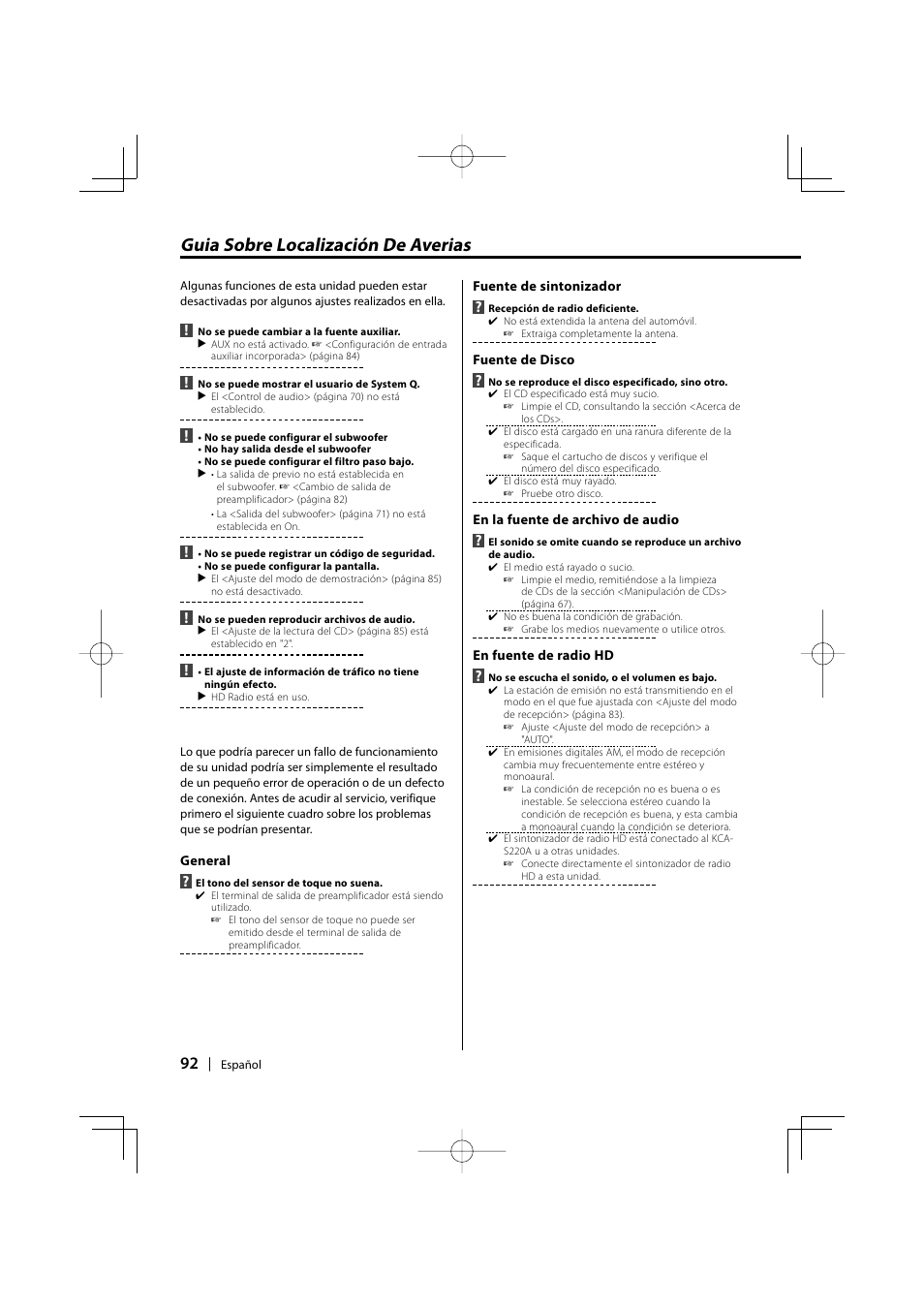 Guia sobre localización de averias | Kenwood KDC-MP205 User Manual | Page 92 / 96