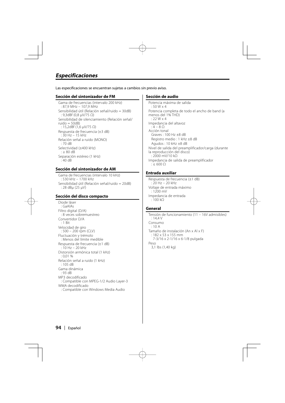 Especificaciones | Kenwood KDC-MP205 User Manual | Page 94 / 96