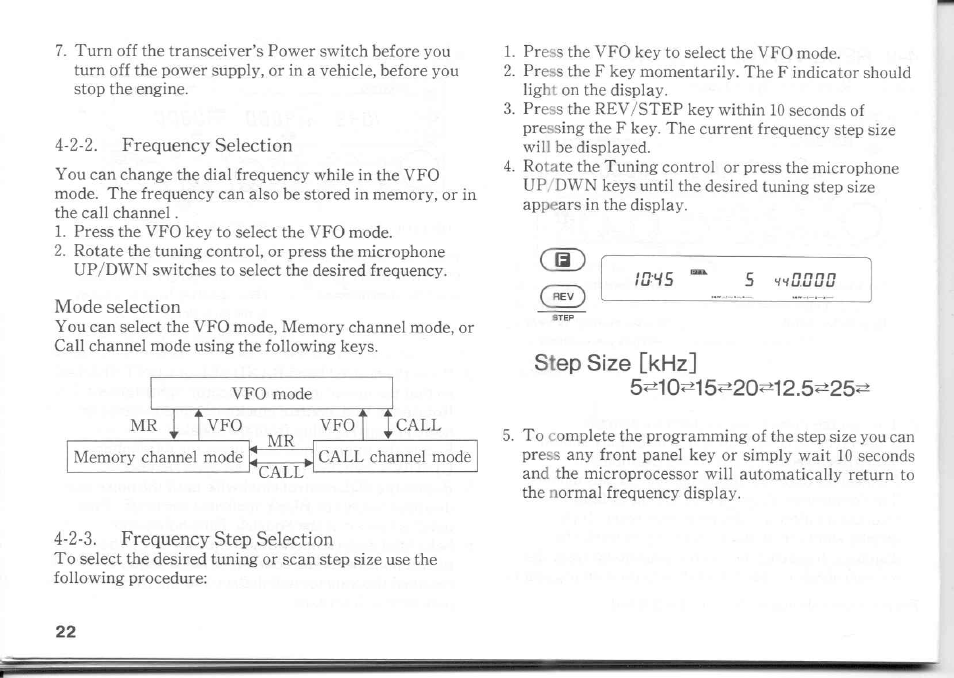 2-2. frequency selection, Mode selection, Frequency selection | Dtss code selection, Tons, Step size [khz | Kenwood TM-741A User Manual | Page 22 / 77