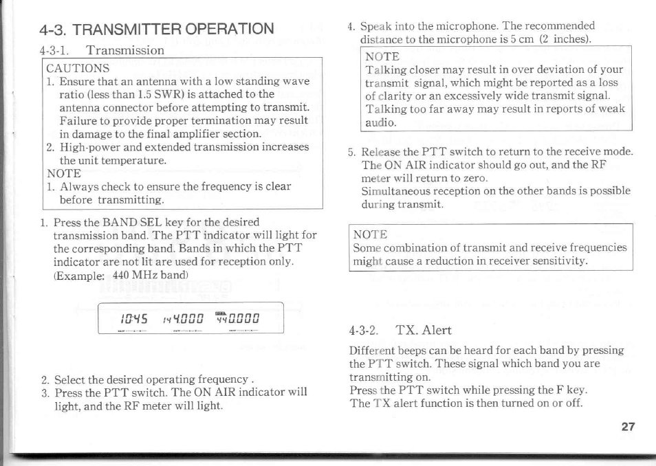 3. transmitter operation, 3-1. transmission, 3-2. tx. alert | 3 transmitter operation | Kenwood TM-741A User Manual | Page 27 / 77