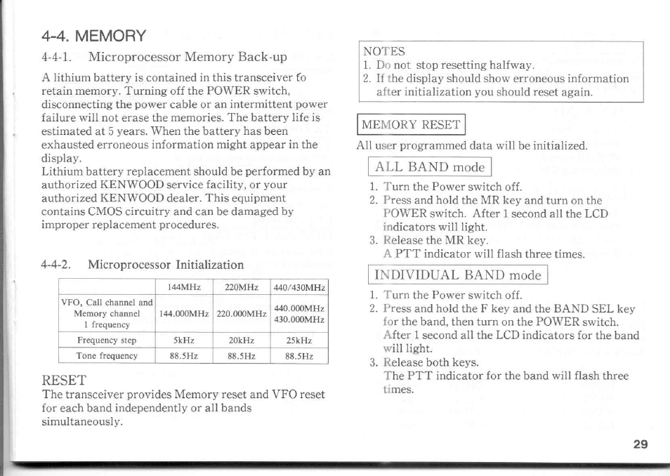 4. memory, 4 memory, Reset | All band mode, Individual band mode | Kenwood TM-741A User Manual | Page 29 / 77