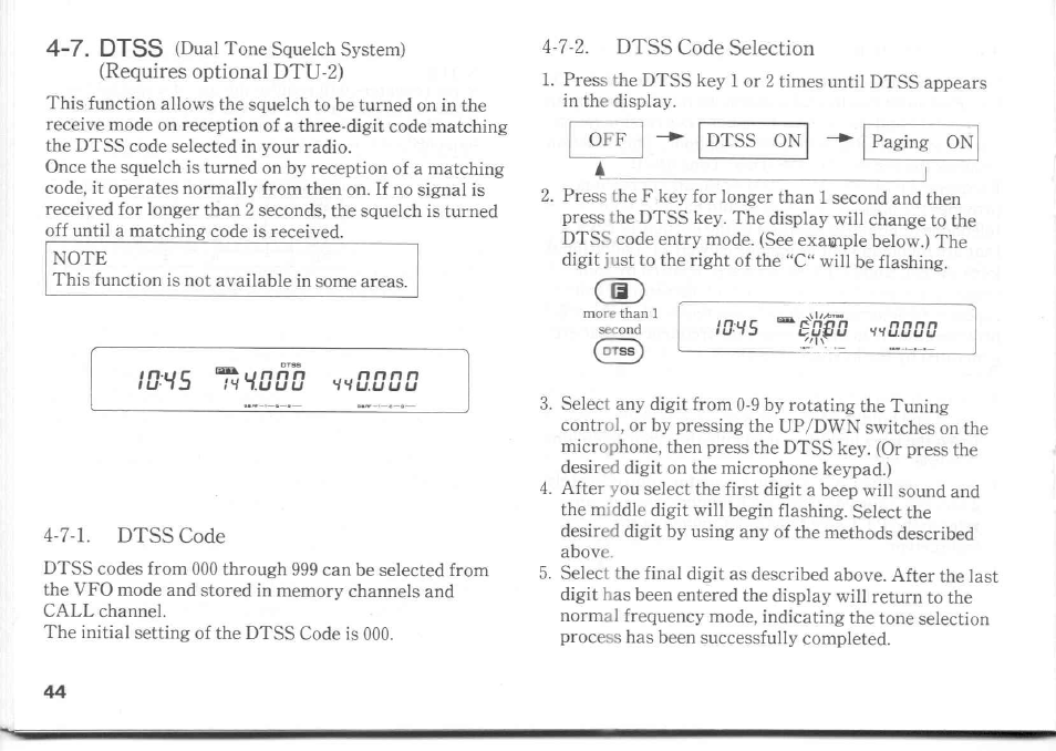 Requires optional dtu-2), 7-1. dtss code, 7. dtss | 7-2. dtss code selection, Id4s | Kenwood TM-741A User Manual | Page 44 / 77