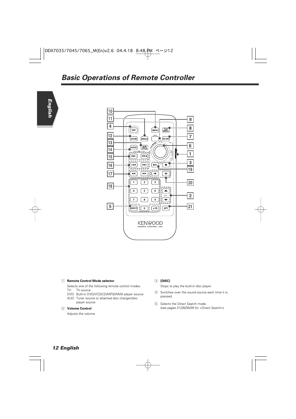 Basic operations of remote controller, 12 english, English | Kenwood DDX7045 User Manual | Page 12 / 96