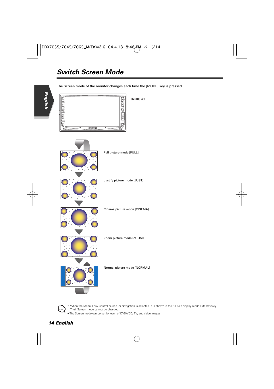 Switch screen mode | Kenwood DDX7045 User Manual | Page 14 / 96