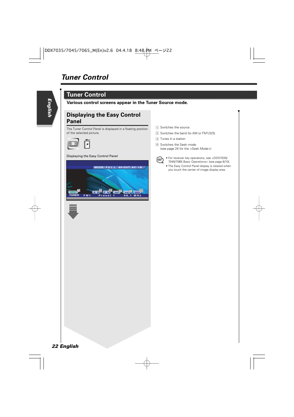 Tuner control, Displaying the easy control panel, English 22 english | Kenwood DDX7045 User Manual | Page 22 / 96