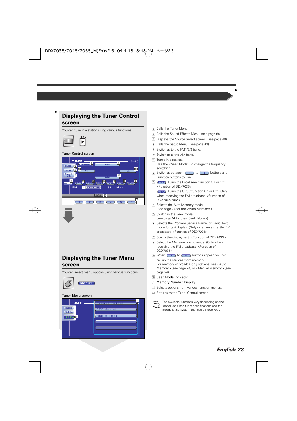 Displaying the tuner control screen, Displaying the tuner menu screen, English 23 | Kenwood DDX7045 User Manual | Page 23 / 96