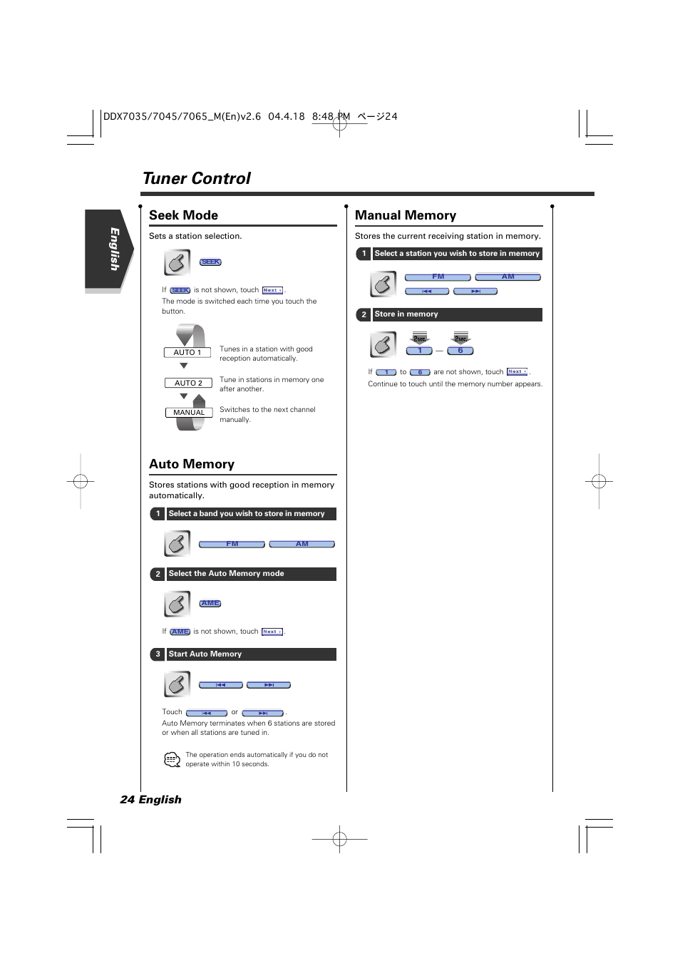 Tuner control, Seek mode, English 24 english | Kenwood DDX7045 User Manual | Page 24 / 96