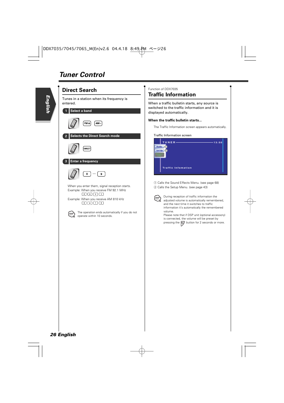 Tuner control, Direct search, Traffic information | English 26 english | Kenwood DDX7045 User Manual | Page 26 / 96