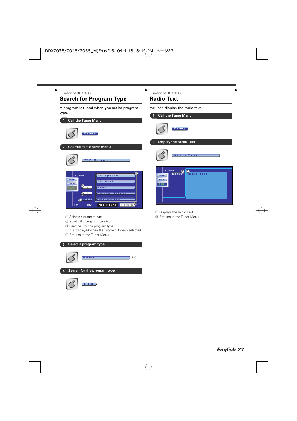 Radio text, Search for program type, English 27 | Kenwood DDX7045 User Manual | Page 27 / 96