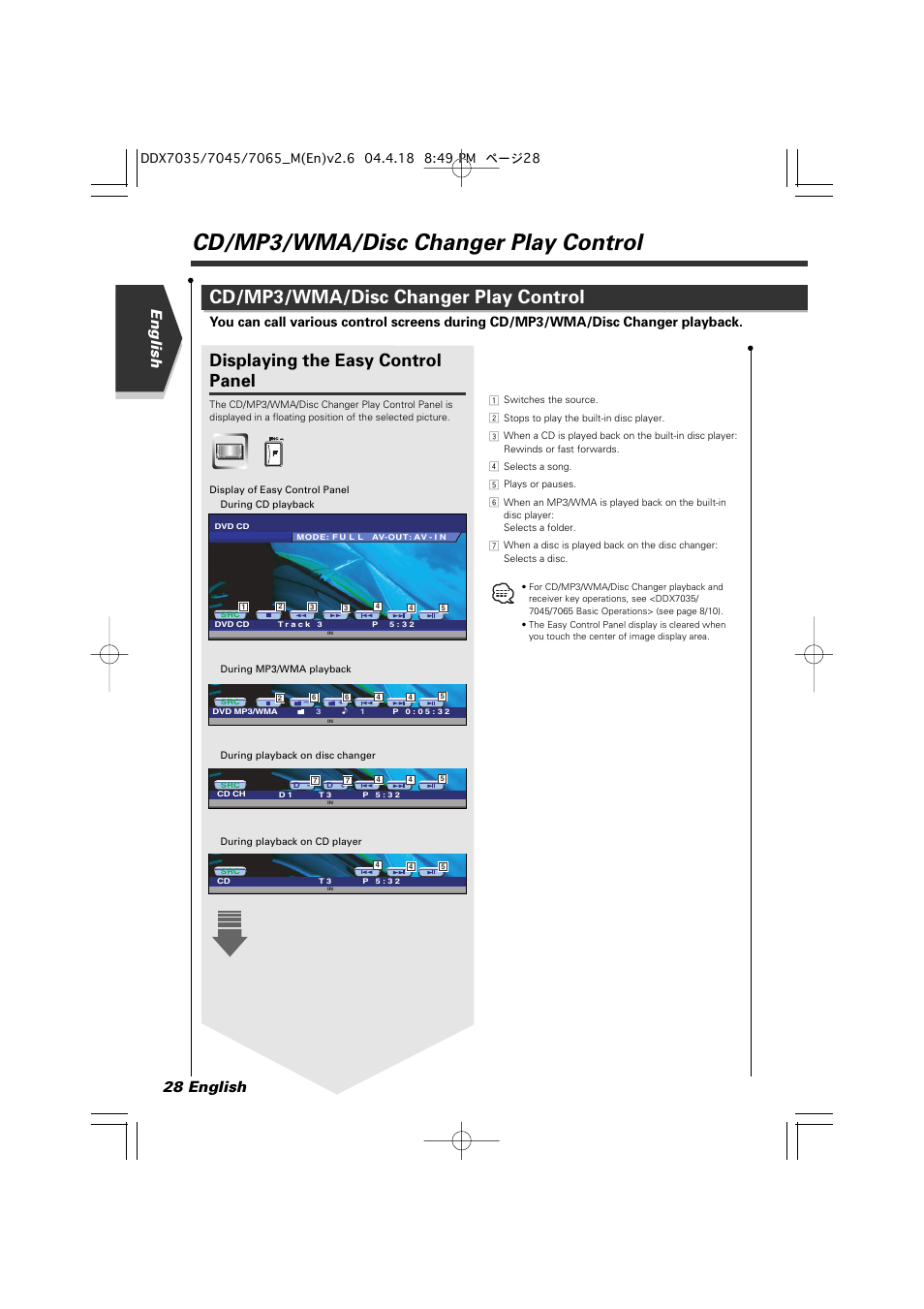 Cd/mp3/wma/disc changer play control, Displaying the easy control panel, English 28 english | Kenwood DDX7045 User Manual | Page 28 / 96