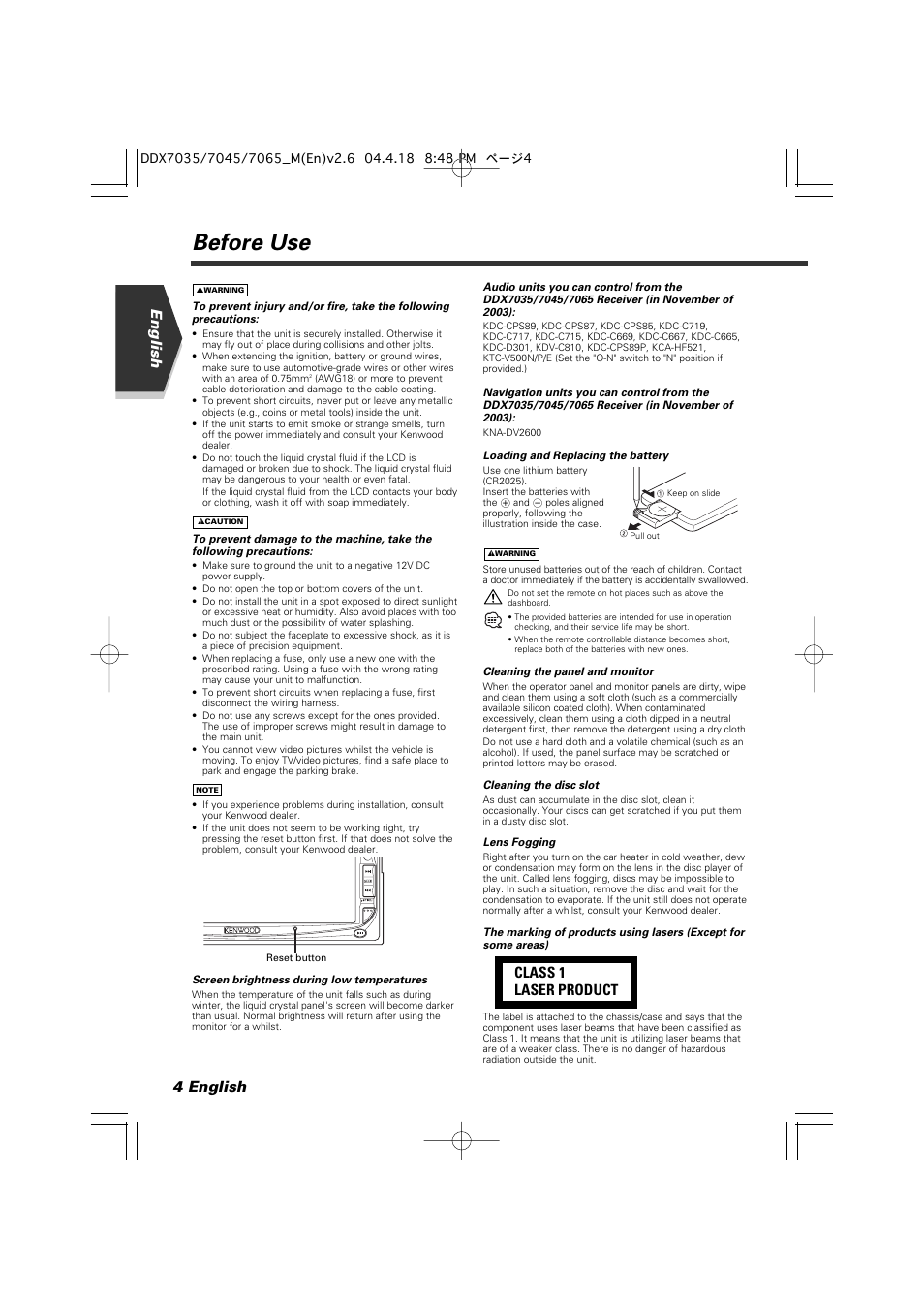 Before use, English 4 english, Class 1 laser product | Kenwood DDX7045 User Manual | Page 4 / 96