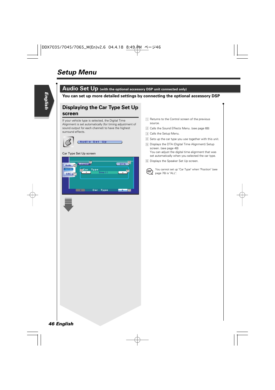 Setup menu, Audio set up, Displaying the car type set up screen | English 46 english | Kenwood DDX7045 User Manual | Page 46 / 96