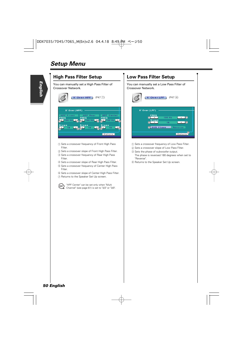 Setup menu, High pass filter setup, Low pass filter setup | 50 english english | Kenwood DDX7045 User Manual | Page 50 / 96