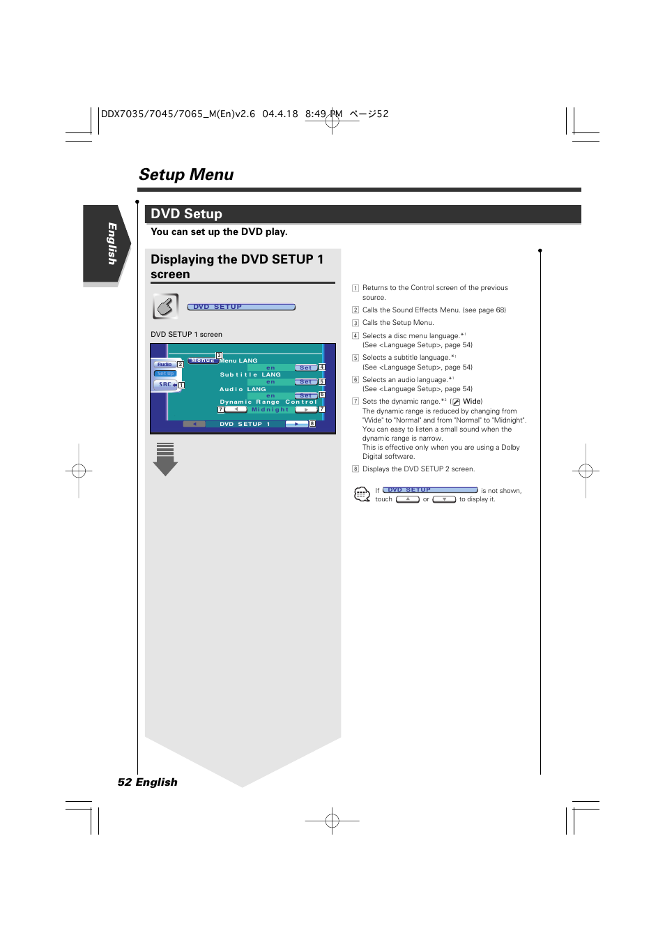 Setup menu, Dvd setup, Displaying the dvd setup 1 screen | English 52 english, You can set up the dvd play | Kenwood DDX7045 User Manual | Page 52 / 96