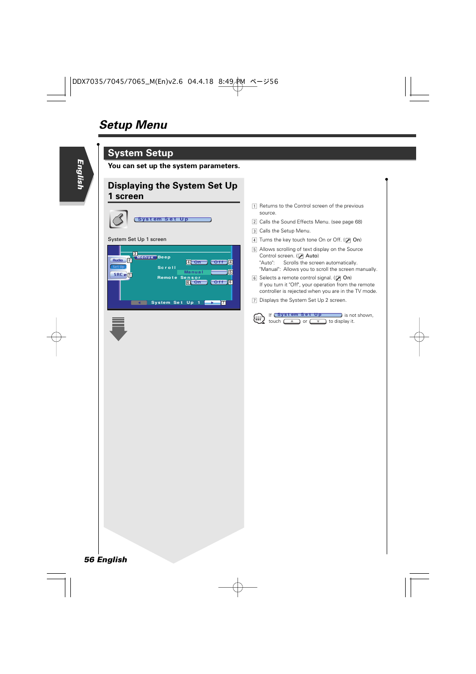 Setup menu, System setup, Displaying the system set up 1 screen | 56 english english, You can set up the system parameters | Kenwood DDX7045 User Manual | Page 56 / 96