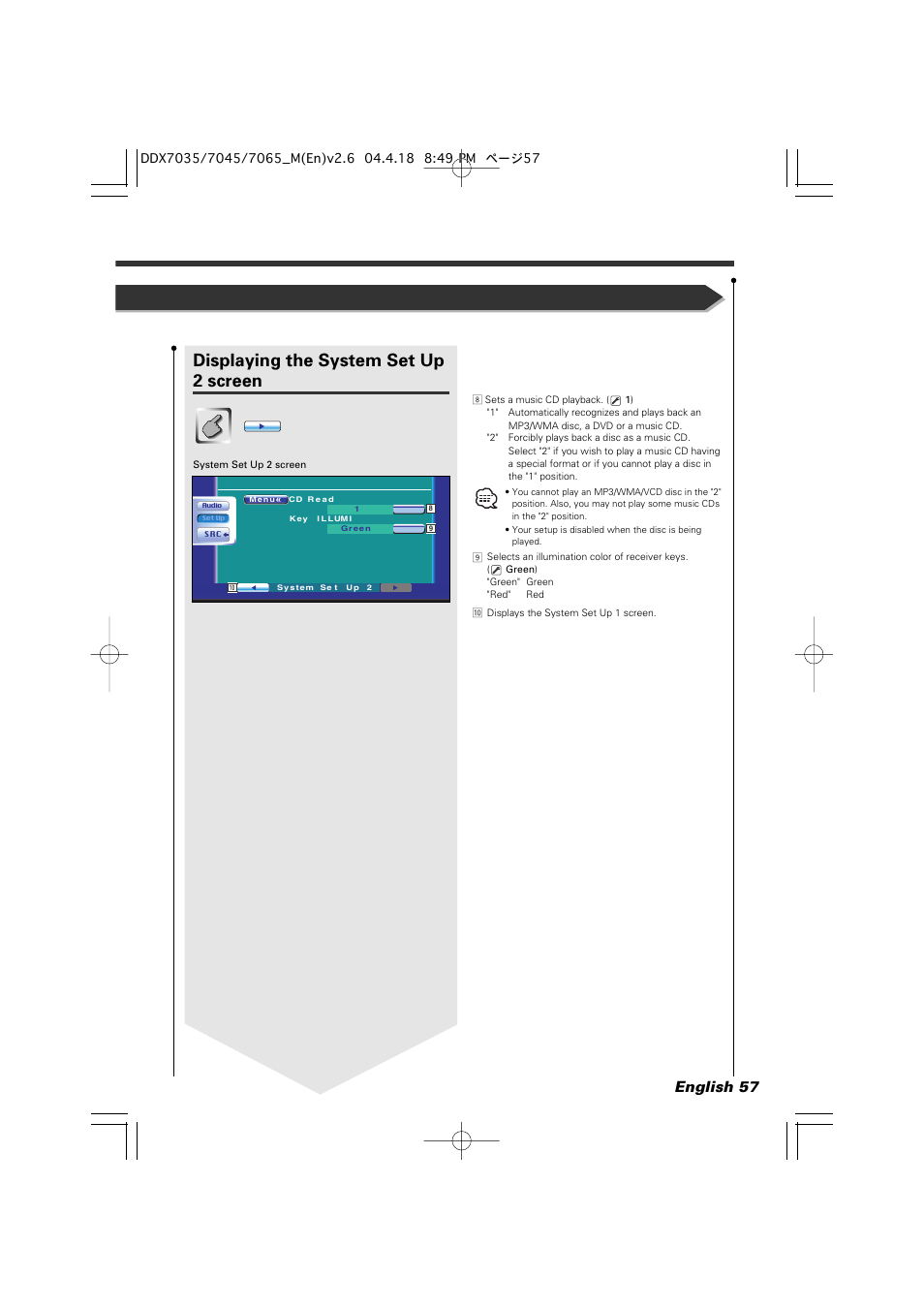 Displaying the system set up 2 screen, English 57 | Kenwood DDX7045 User Manual | Page 57 / 96