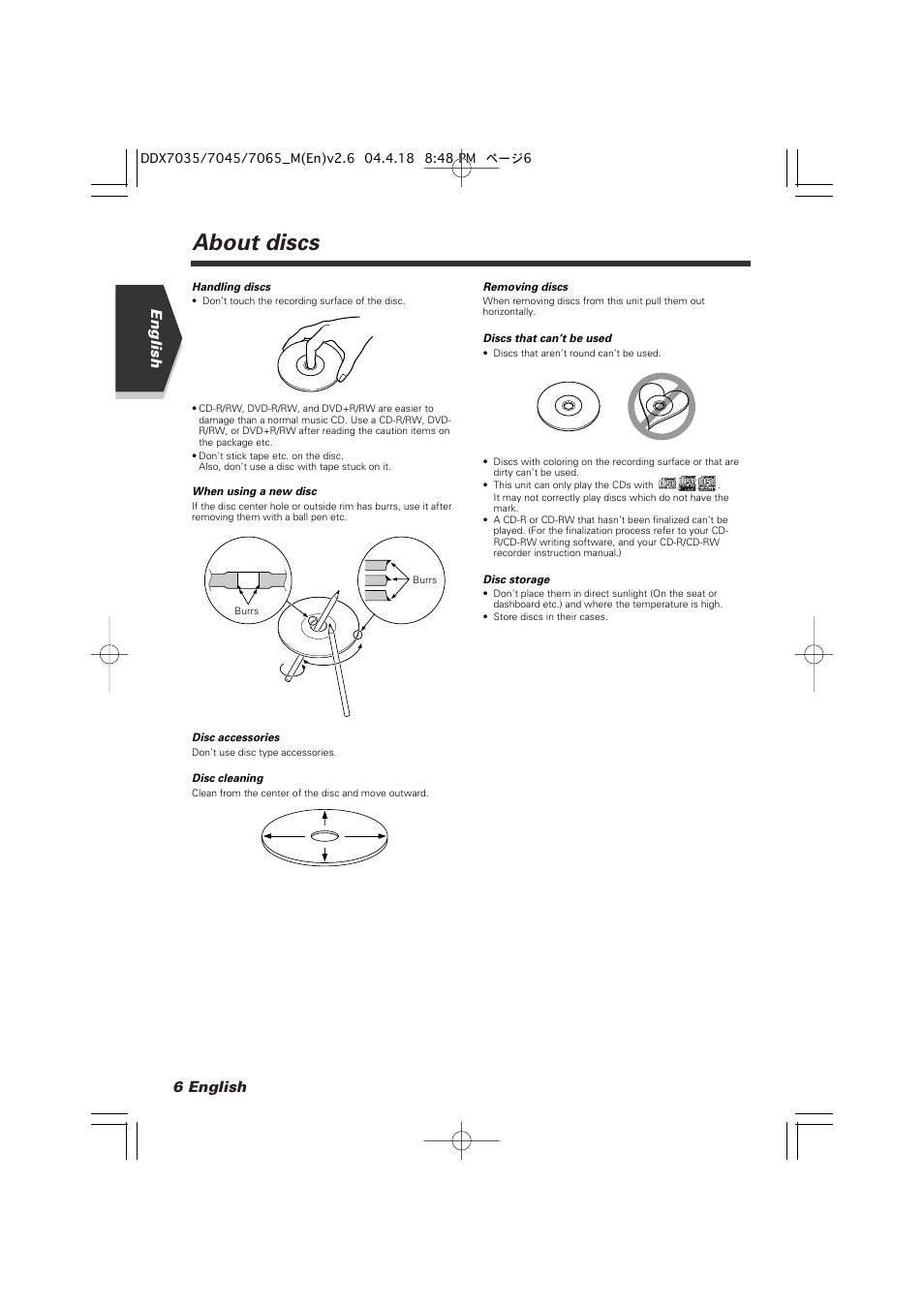 About discs, 6 english, English | Kenwood DDX7045 User Manual | Page 6 / 96