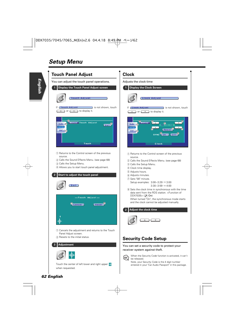 Setup menu, Touch panel adjust, Clock | Security code setup, 62 english english | Kenwood DDX7045 User Manual | Page 62 / 96