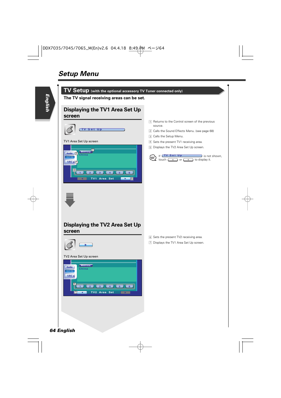 Setup menu, Tv setup, Displaying the tv1 area set up screen | Displaying the tv2 area set up screen, English 64 english, The tv signal receiving areas can be set | Kenwood DDX7045 User Manual | Page 64 / 96