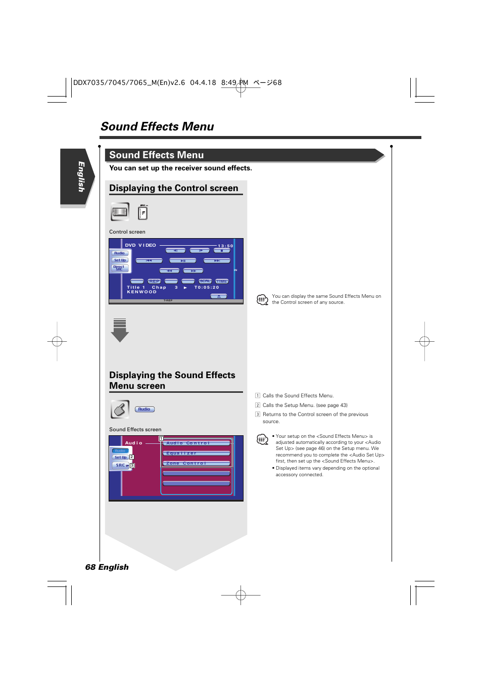 Sound effects menu, Displaying the control screen, Displaying the sound effects menu screen | English 68 english, You can set up the receiver sound effects | Kenwood DDX7045 User Manual | Page 68 / 96