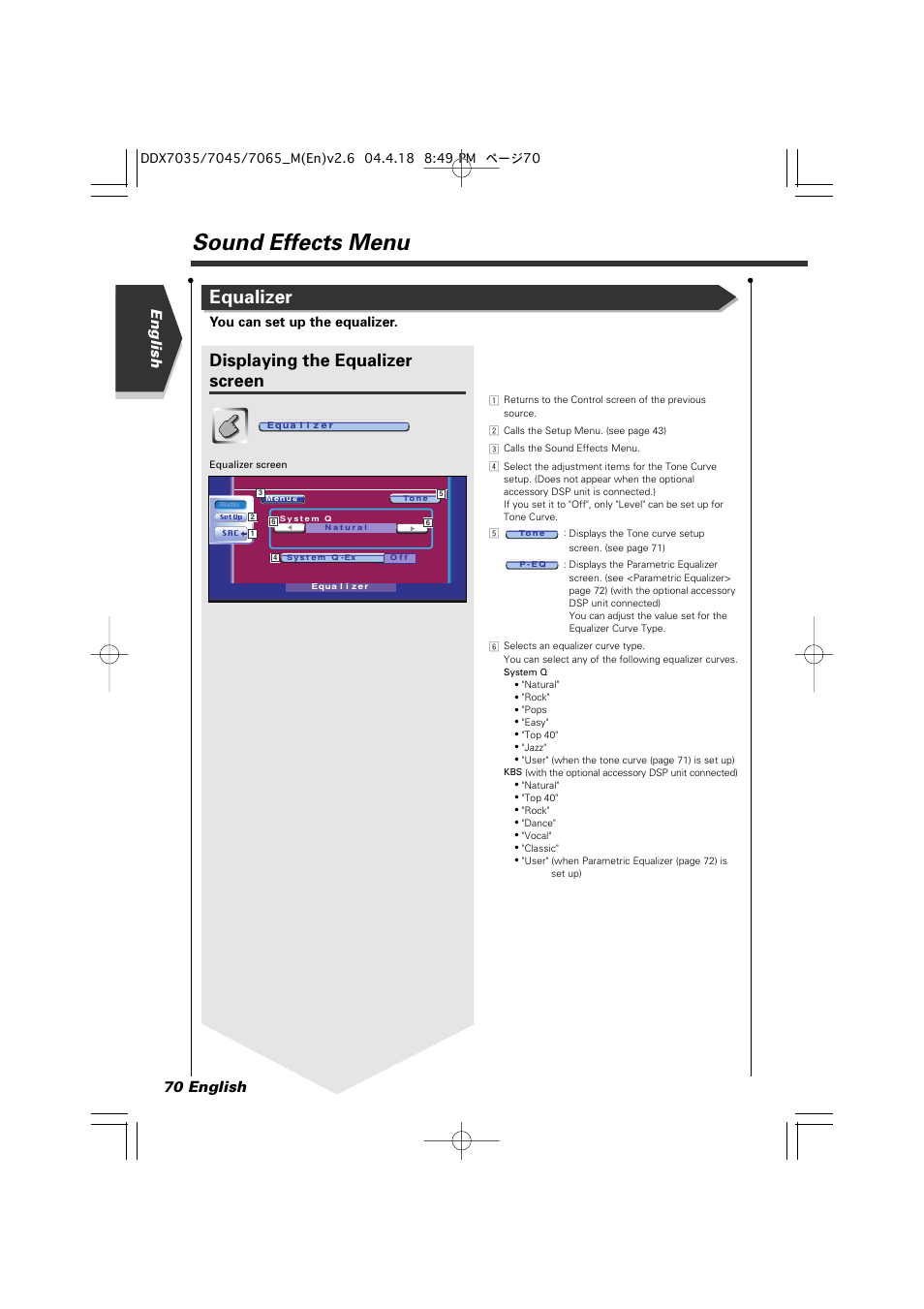 Sound effects menu, Equalizer, Displaying the equalizer screen | English 70 english, You can set up the equalizer | Kenwood DDX7045 User Manual | Page 70 / 96