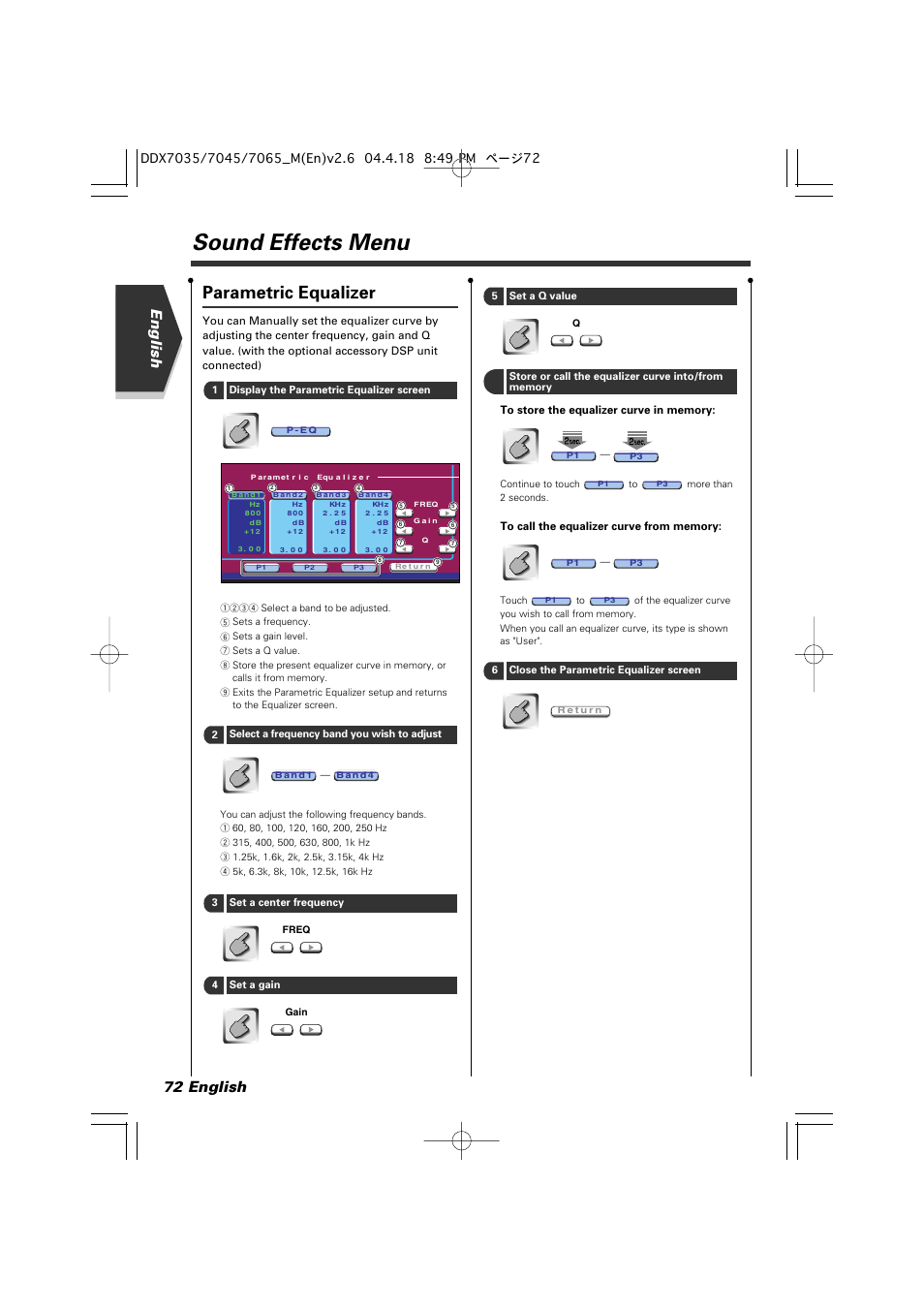 Sound effects menu, Parametric equalizer, 72 english english | Kenwood DDX7045 User Manual | Page 72 / 96