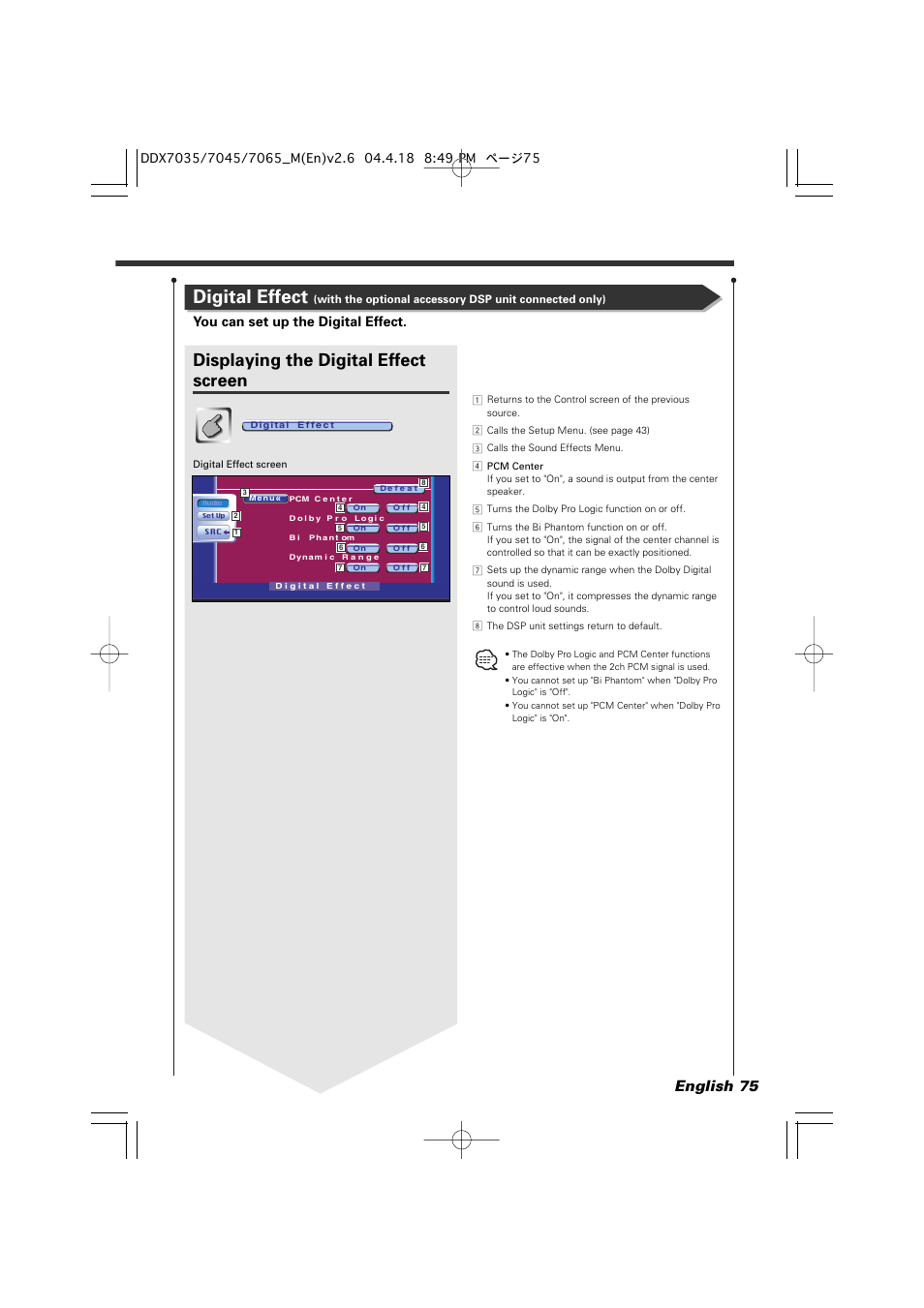 Digital effect, Displaying the digital effect screen, English 75 | You can set up the digital effect | Kenwood DDX7045 User Manual | Page 75 / 96