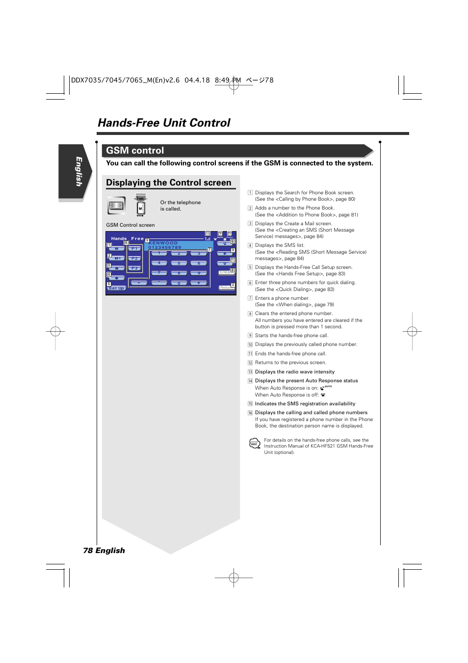 Hands-free unit control, Gsm control, Displaying the control screen | English 78 english | Kenwood DDX7045 User Manual | Page 78 / 96