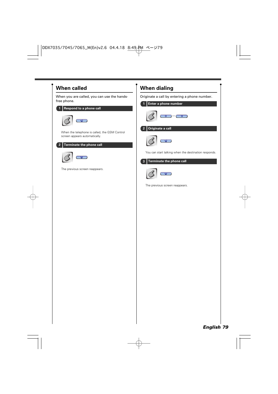 When called, When dialing, English 79 | Kenwood DDX7045 User Manual | Page 79 / 96