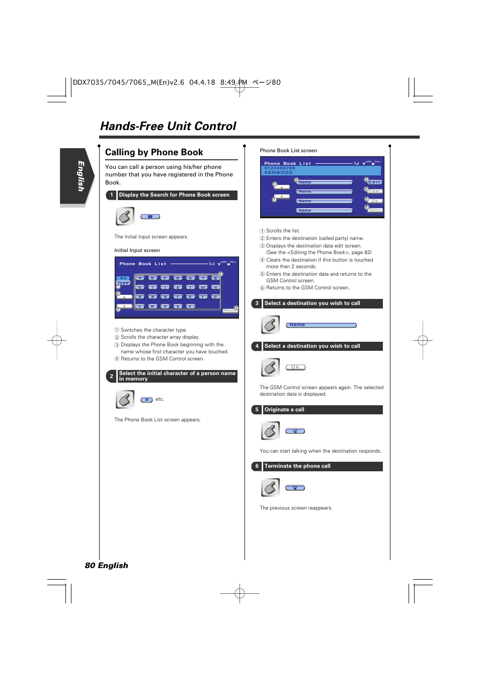 Hands-free unit control, Calling by phone book, English 80 english | Kenwood DDX7045 User Manual | Page 80 / 96