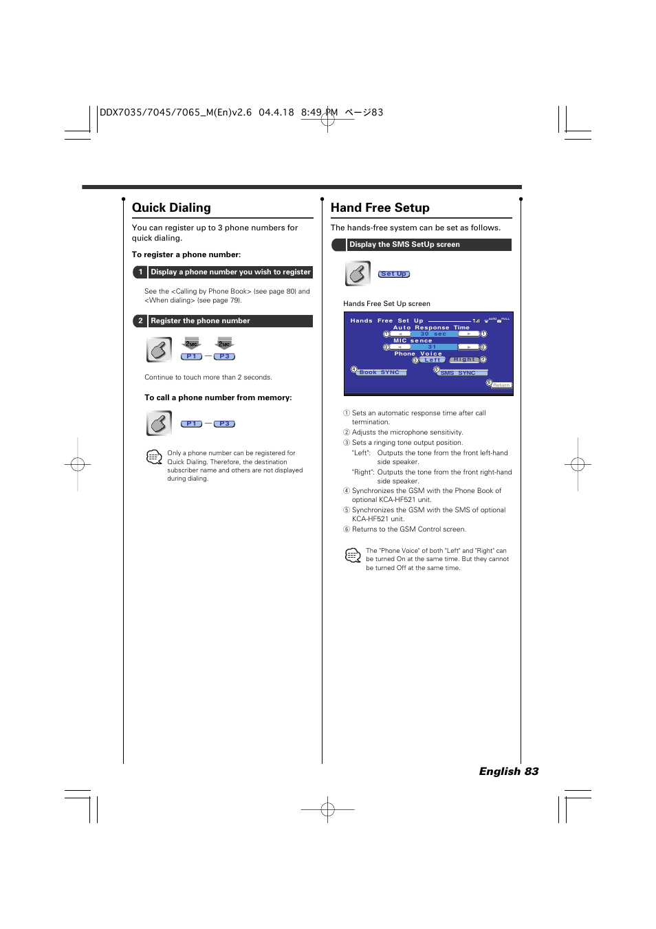 Quick dialing, Hand free setup, English 83 | Kenwood DDX7045 User Manual | Page 83 / 96