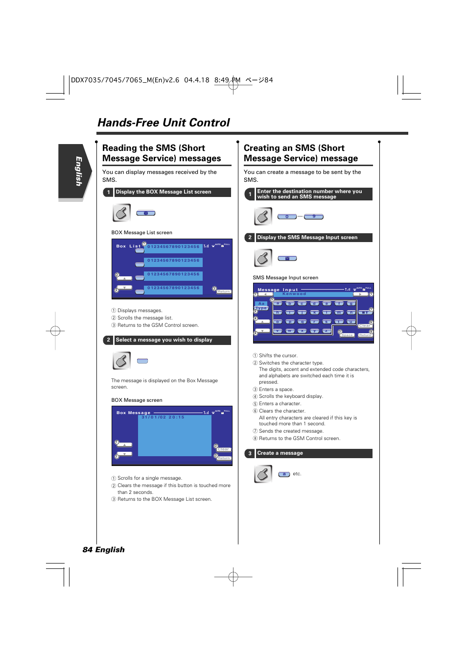 Hands-free unit control, Reading the sms (short message service) messages, Creating an sms (short message service) message | English 84 english | Kenwood DDX7045 User Manual | Page 84 / 96