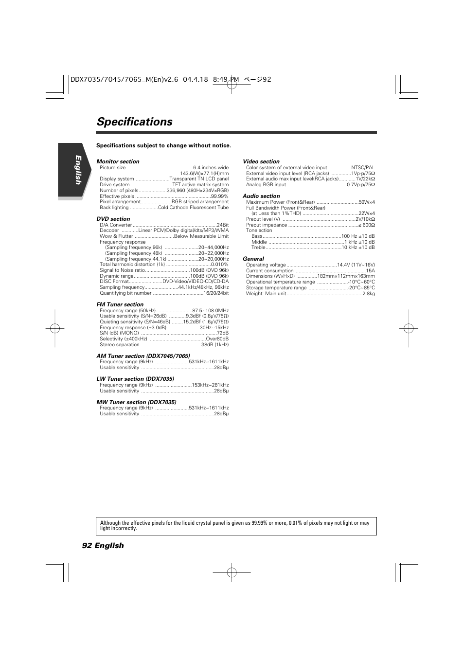 Specifications, English 92 english | Kenwood DDX7045 User Manual | Page 92 / 96