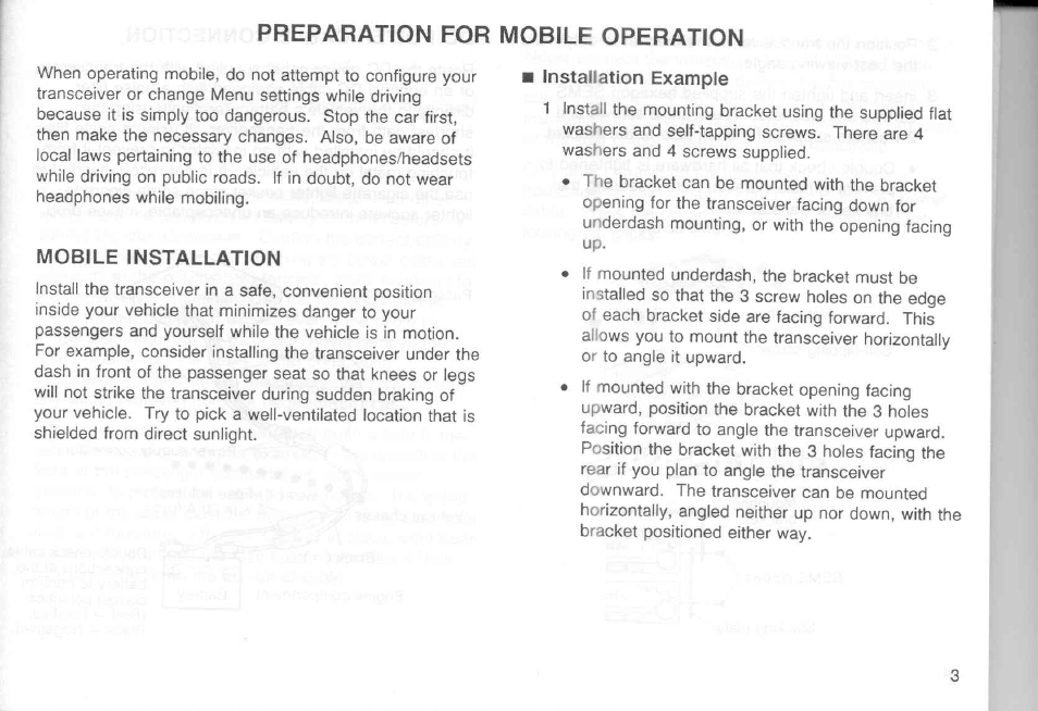 Mobile installation, Installation example, Preparation for mobile operation | Kenwood TM-451A User Manual | Page 10 / 130