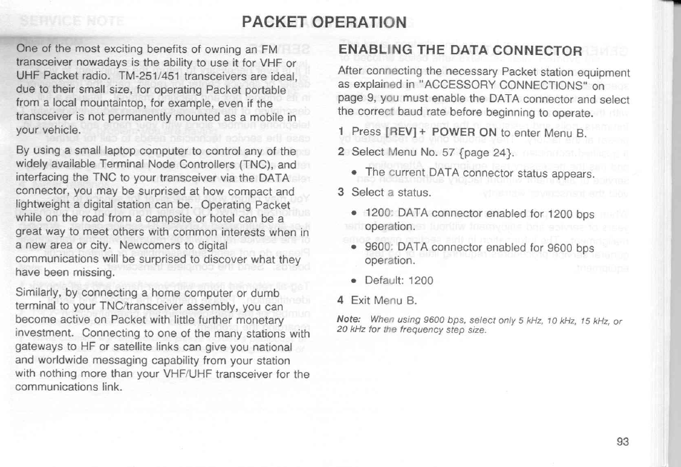 Enabling the data connector, Packet operation | Kenwood TM-451A User Manual | Page 100 / 130