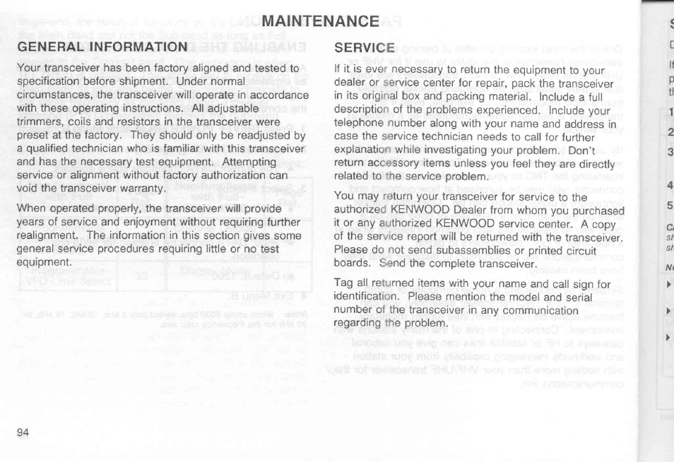 General information, Service, General information service | Maintenance | Kenwood TM-451A User Manual | Page 101 / 130