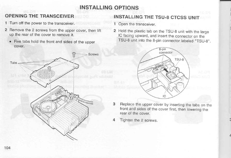 Installing the tsu-8 ctcss unit, Installing options | Kenwood TM-451A User Manual | Page 111 / 130