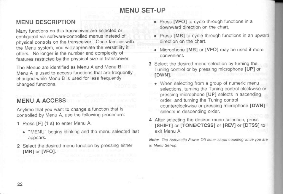 Menu description, Menu a access, Menu description menu a access | Menu set-up | Kenwood TM-451A User Manual | Page 29 / 130