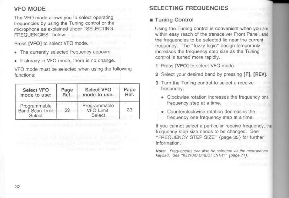 Vfo mode, Selecting frequencies ■ tuning control | Kenwood TM-451A User Manual | Page 39 / 130