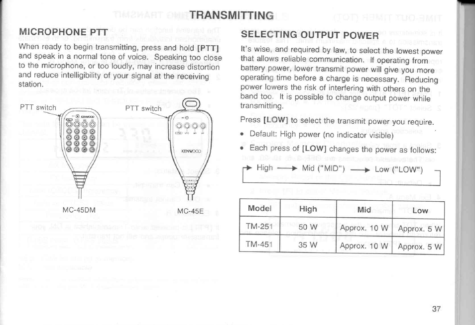 Selecting output power, Transmitting | Kenwood TM-451A User Manual | Page 44 / 130