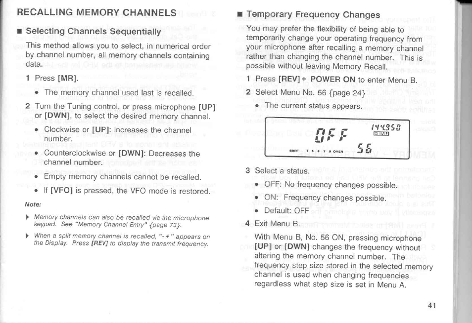 Recalling memory channels, Selecting channels sequentially, Temporary frequency changes | Split memory channels | Kenwood TM-451A User Manual | Page 48 / 130