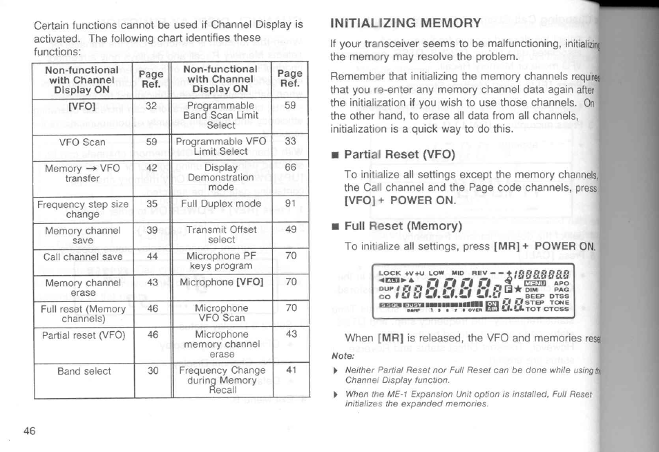 Initializing memory, Partial reset (vfo), Full reset (memory) | Partial reset | Kenwood TM-451A User Manual | Page 53 / 130