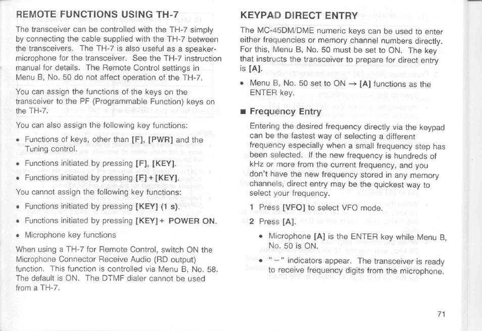 Remote functions using th-7, Frequency entry | Kenwood TM-451A User Manual | Page 78 / 130